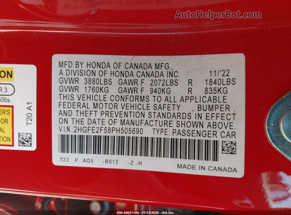 2HGFE2F58PH505690 2023 HONDA CIVIC Red Vista del compartimento del motor