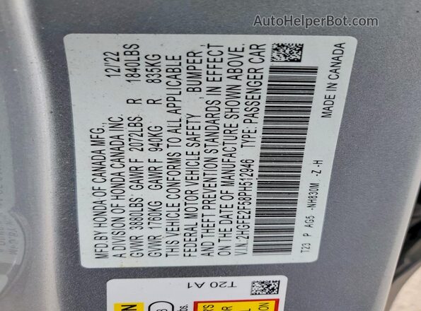 2HGFE2F58PH512946 2023 HONDA CIVIC Серебряный Вид наклейки с VIN-кодом