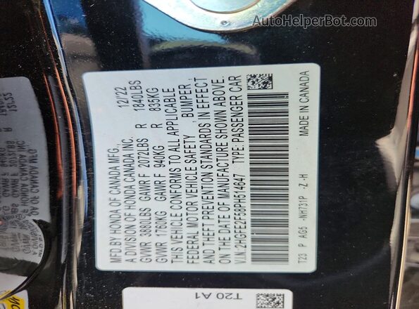 2HGFE2F58PH514647 2023 HONDA CIVIC Black VIN կոդի պիտակի տեսք