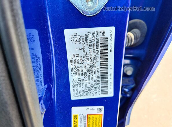 2HGFE2F58PH515331 2023 HONDA CIVIC Синий Вид наклейки с VIN-кодом