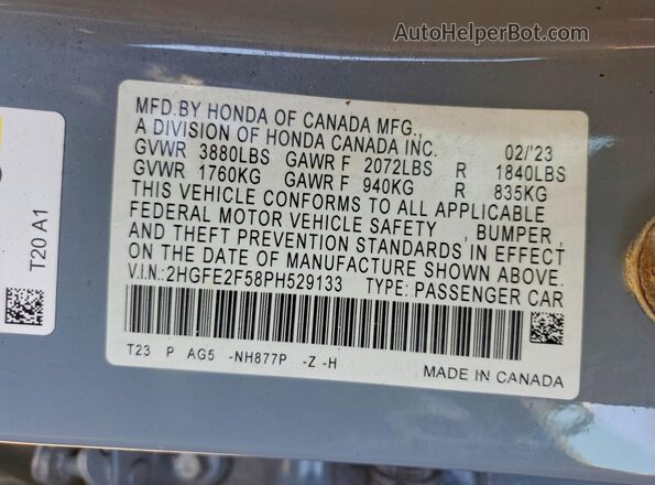 2HGFE2F58PH529133 2023 HONDA CIVIC Gray Engine compartment view
