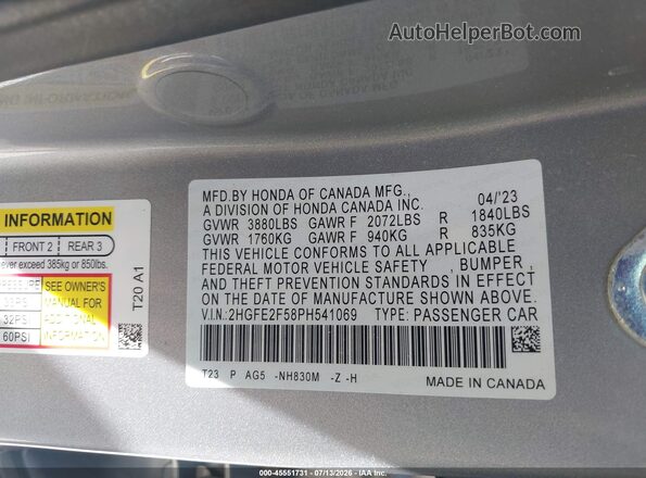 2HGFE2F58PH541069 2023 HONDA CIVIC Silver Widok komory silnika