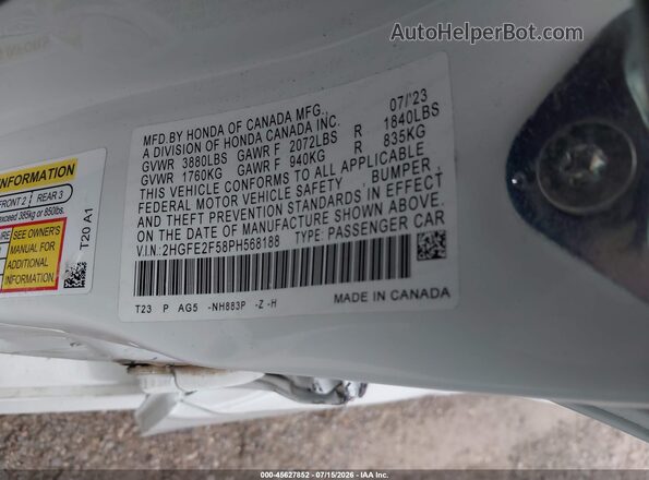 2HGFE2F58PH568188 2023 HONDA CIVIC White ძრავის განყოფილების ხედი