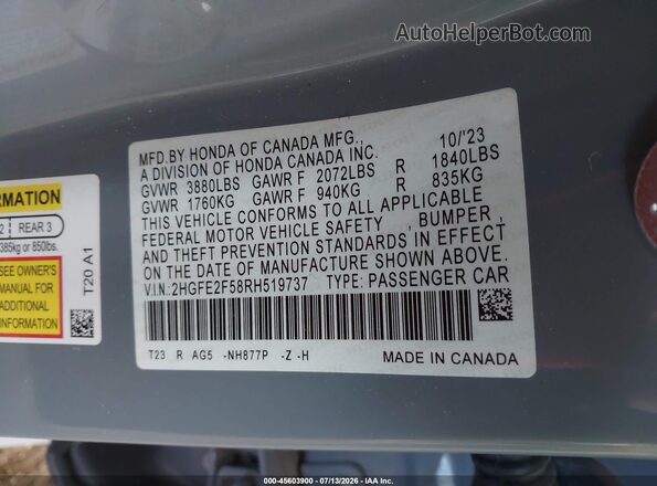 2HGFE2F58RH519737 2024 HONDA CIVIC Gray Շարժիչի բաժամունքի տեսք