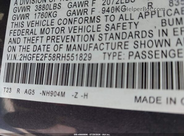 2HGFE2F58RH551829 2024 HONDA CIVIC Blue Շարժիչի բաժամունքի տեսք