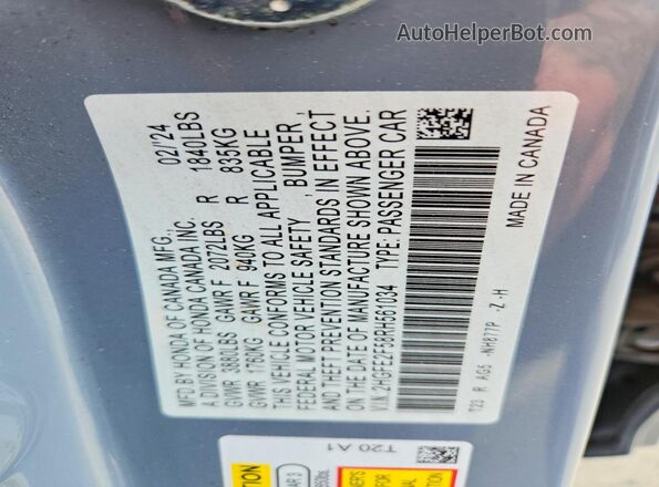 2HGFE2F58RH561034 2024 HONDA CIVIC Gray VIN կոդի պիտակի տեսք