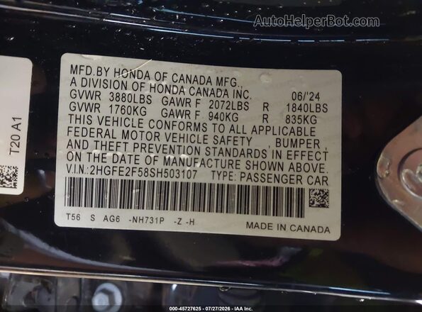 2HGFE2F58SH503107 2025 HONDA CIVIC Black Vista del compartimento del motor