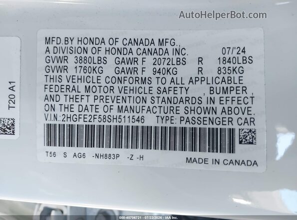 2HGFE2F58SH511546 2025 HONDA CIVIC White Շարժիչի բաժամունքի տեսք