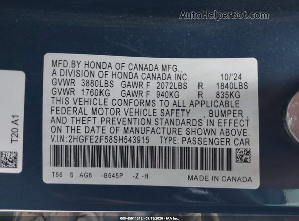 2HGFE2F58SH543915 2025 HONDA CIVIC Light Blue Engine compartment view