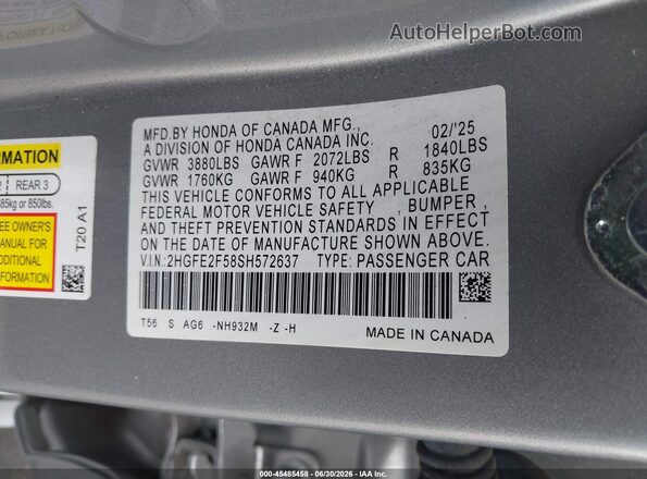 2HGFE2F58SH572637 2025 HONDA CIVIC Silver Vista del compartimento del motor
