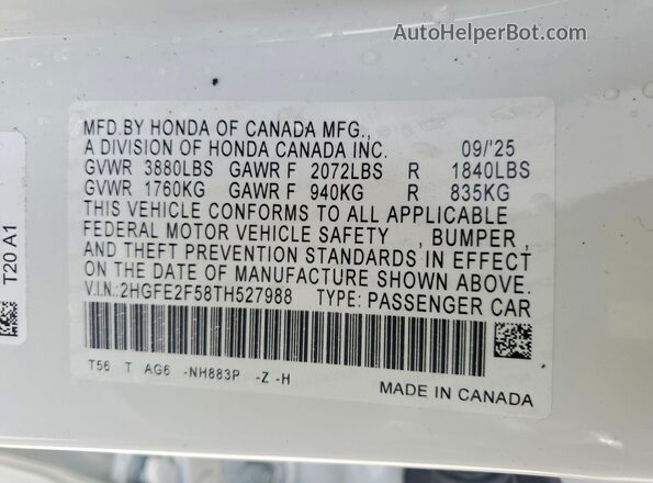 2HGFE2F58TH527988 2026 HONDA CIVIC White Widok komory silnika
