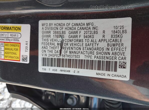 2HGFE2F58TH537503 2026 HONDA CIVIC Gray Vista del compartimento del motor
