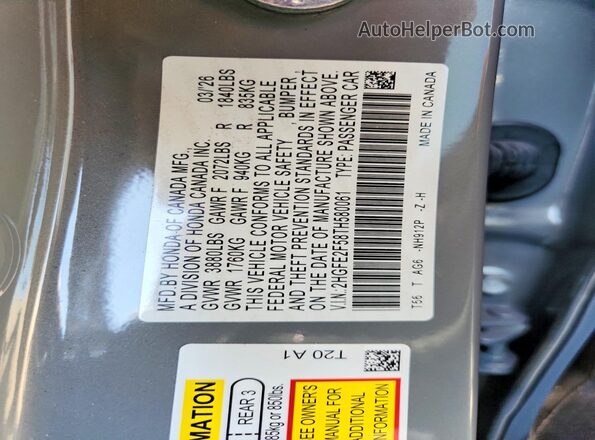 2HGFE2F58TH580061 2026 HONDA CIVIC Charcoal VIN կոդի պիտակի տեսք