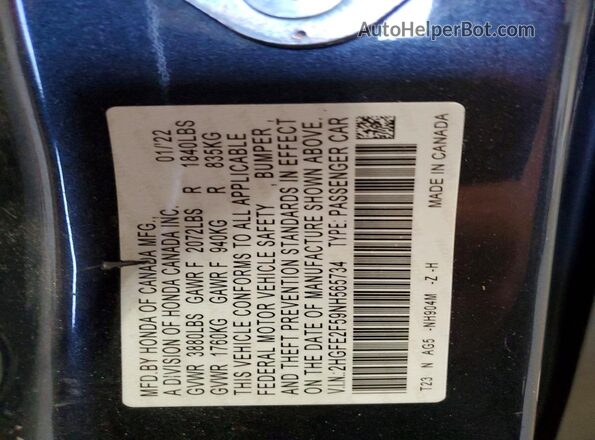 2HGFE2F59NH565734 2022 HONDA CIVIC Charcoal Vista de la etiqueta del VIN