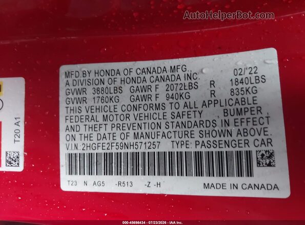 2HGFE2F59NH571257 2022 HONDA CIVIC Red Շարժիչի բաժամունքի տեսք