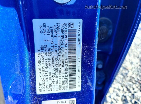 2HGFE2F59NH583537 2022 HONDA CIVIC Blue Вид наклейки з VIN-кодом