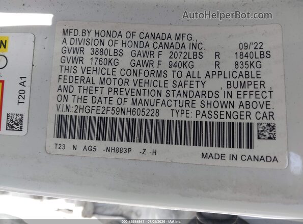2HGFE2F59NH605228 2022 HONDA CIVIC White Widok komory silnika