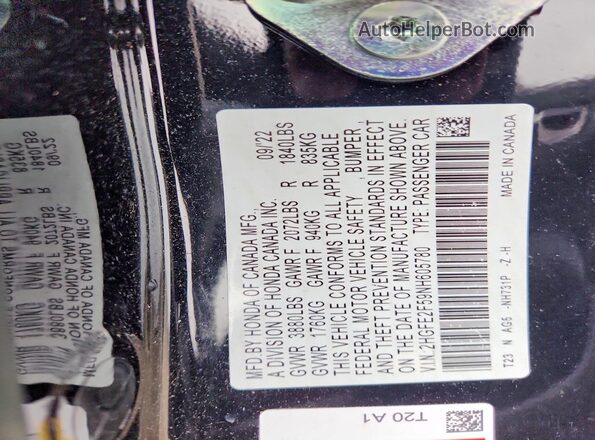 2HGFE2F59NH605780 2022 HONDA CIVIC Black Вид підкапотного простору