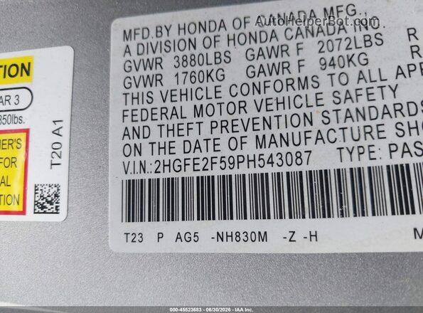 2HGFE2F59PH543087 2023 HONDA CIVIC Gray Engine compartment view