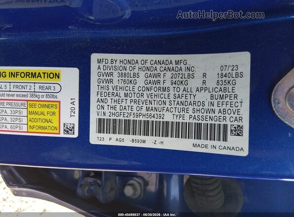 2HGFE2F59PH564392 2023 HONDA CIVIC Blue Vista del compartimento del motor