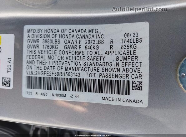 2HGFE2F59RH503143 2024 HONDA CIVIC Серебряный Вид подкапотного пространства