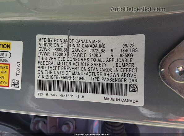 2HGFE2F59RH511940 2024 HONDA CIVIC Blue Вид підкапотного простору