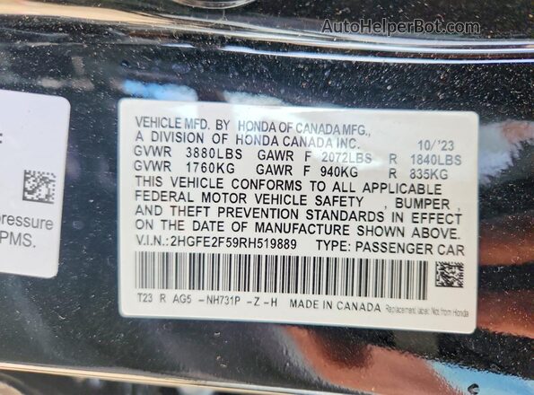 2HGFE2F59RH519889 2024 HONDA CIVIC Black VIN კოდის სტიკერის ხედი