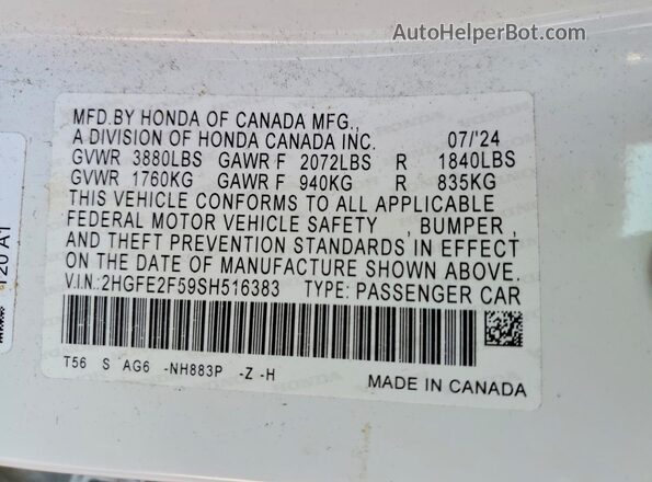 2HGFE2F59SH516383 2025 HONDA CIVIC White VIN კოდის სტიკერის ხედი