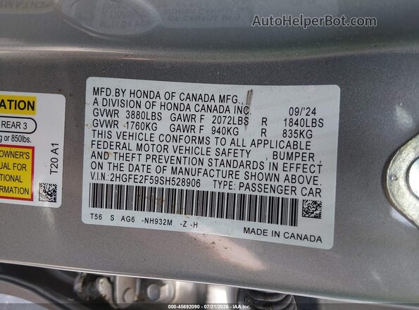 2HGFE2F59SH528906 2025 HONDA CIVIC Silver Vista del compartimento del motor