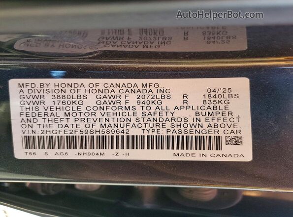 2HGFE2F59SH589642 2025 HONDA CIVIC Black Widok naklejki z numerem VIN
