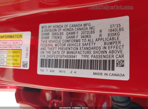 2HGFE2F59TH506941 2026 HONDA CIVIC Red Vista del compartimento del motor