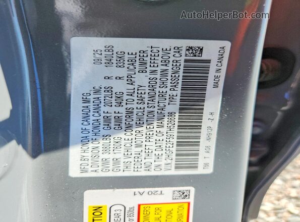 2HGFE2F59TH526686 2026 HONDA CIVIC Серый Вид наклейки с VIN-кодом