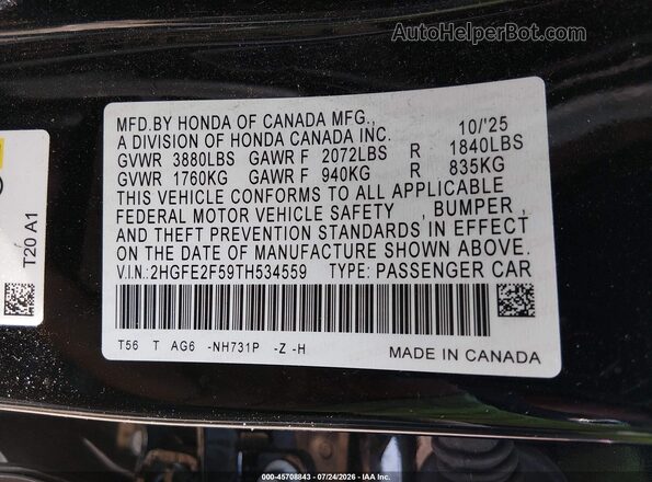 2HGFE2F59TH534559 2026 HONDA CIVIC Black Engine compartment view
