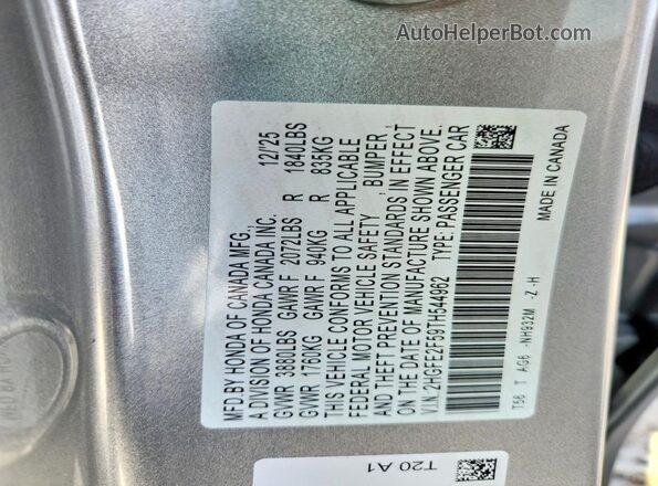 2HGFE2F59TH544962 2026 HONDA CIVIC Silver ძრავის განყოფილების ხედი