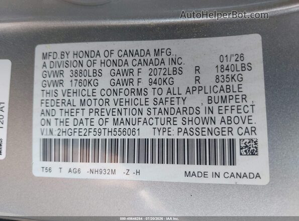 2HGFE2F59TH556061 2026 HONDA CIVIC Silver Widok komory silnika