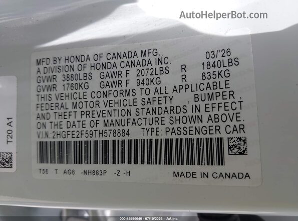 2HGFE2F59TH578884 2026 HONDA CIVIC White Vista del compartimento del motor
