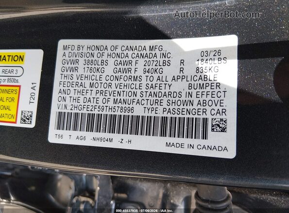 2HGFE2F59TH578996 2026 HONDA CIVIC Gray Widok komory silnika
