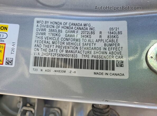 2HGFE2F5XNH501833 2022 HONDA CIVIC Silver Շարժիչի բաժամունքի տեսք