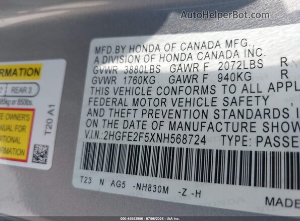 2HGFE2F5XNH568724 2022 HONDA CIVIC Gray Vista del compartimento del motor