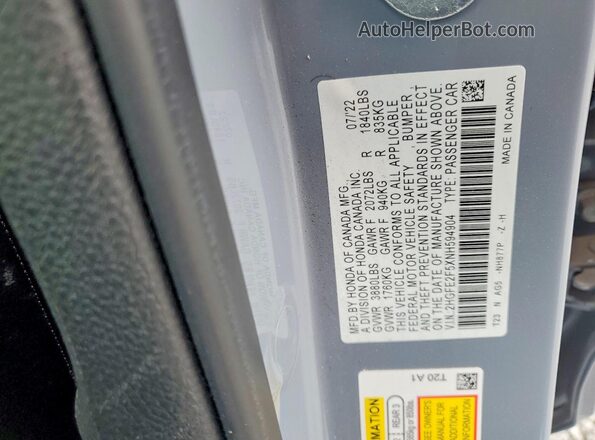 2HGFE2F5XNH594904 2022 HONDA CIVIC Gray Engine compartment view