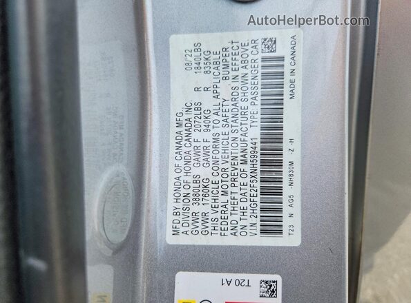 2HGFE2F5XNH599441 2022 HONDA CIVIC Silver Вид підкапотного простору