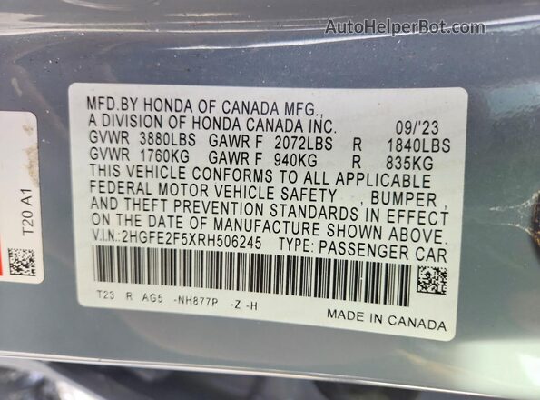 2HGFE2F5XRH506245 2024 HONDA CIVIC Серый Вид наклейки с VIN-кодом