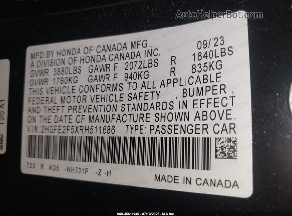 2HGFE2F5XRH511686 2024 HONDA CIVIC Black Engine compartment view