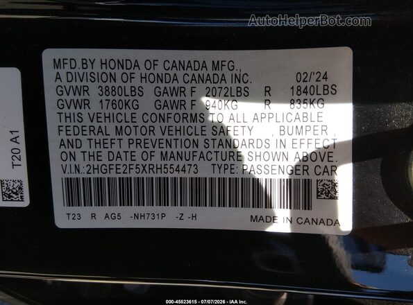 2HGFE2F5XRH554473 2024 HONDA CIVIC Black Engine compartment view