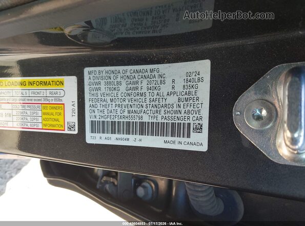 2HGFE2F5XRH555798 2024 HONDA CIVIC Gray Շարժիչի բաժամունքի տեսք