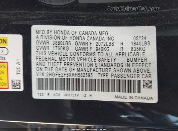 2HGFE2F5XRH582595 2024 HONDA CIVIC Black Engine compartment view