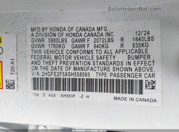 2HGFE2F5XSH558593 2025 HONDA CIVIC White Vista del compartimento del motor
