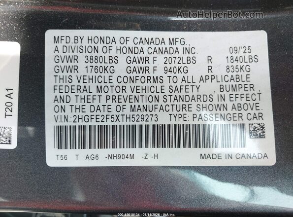 2HGFE2F5XTH529273 2026 HONDA CIVIC Gray Engine compartment view