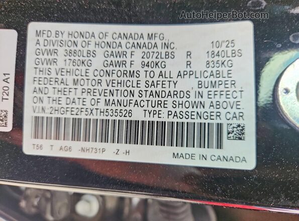 2HGFE2F5XTH535526 2026 HONDA CIVIC Black VIN sticker view