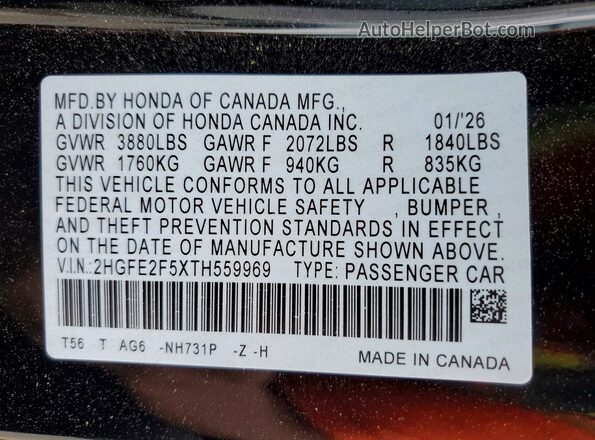 2HGFE2F5XTH559969 2026 HONDA CIVIC Black VIN sticker view